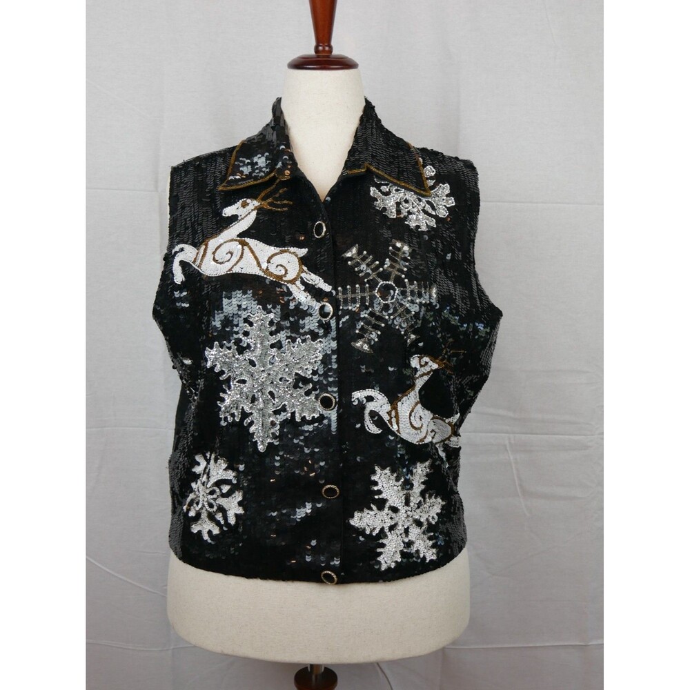 Modi Vintage 90s Black Sequin Christmas Vest Womens Snowflakes Reindeer Size M